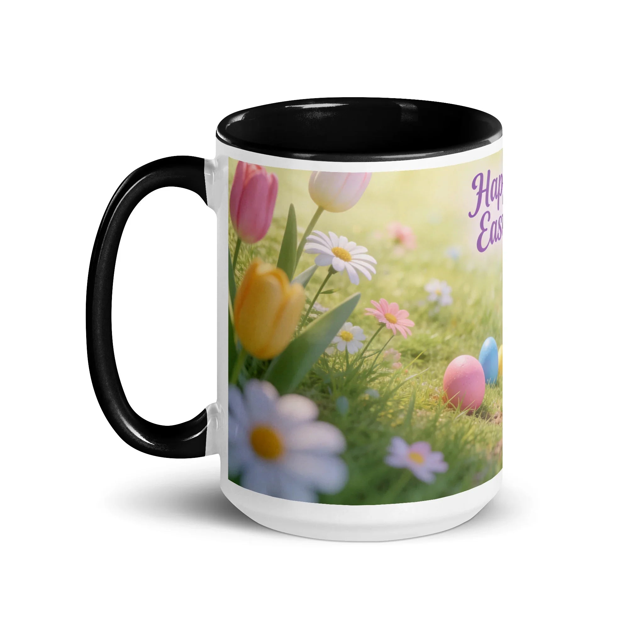 White ceramic mug with black handle and interior, featuring spring flowers and Easter eggs design