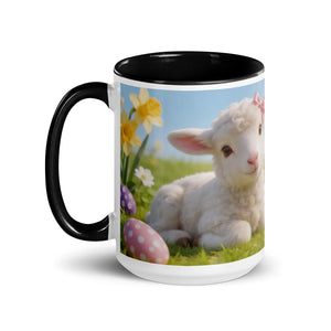 White and black ceramic mug with a spring lamb, daffodils, and Easter eggs illustration