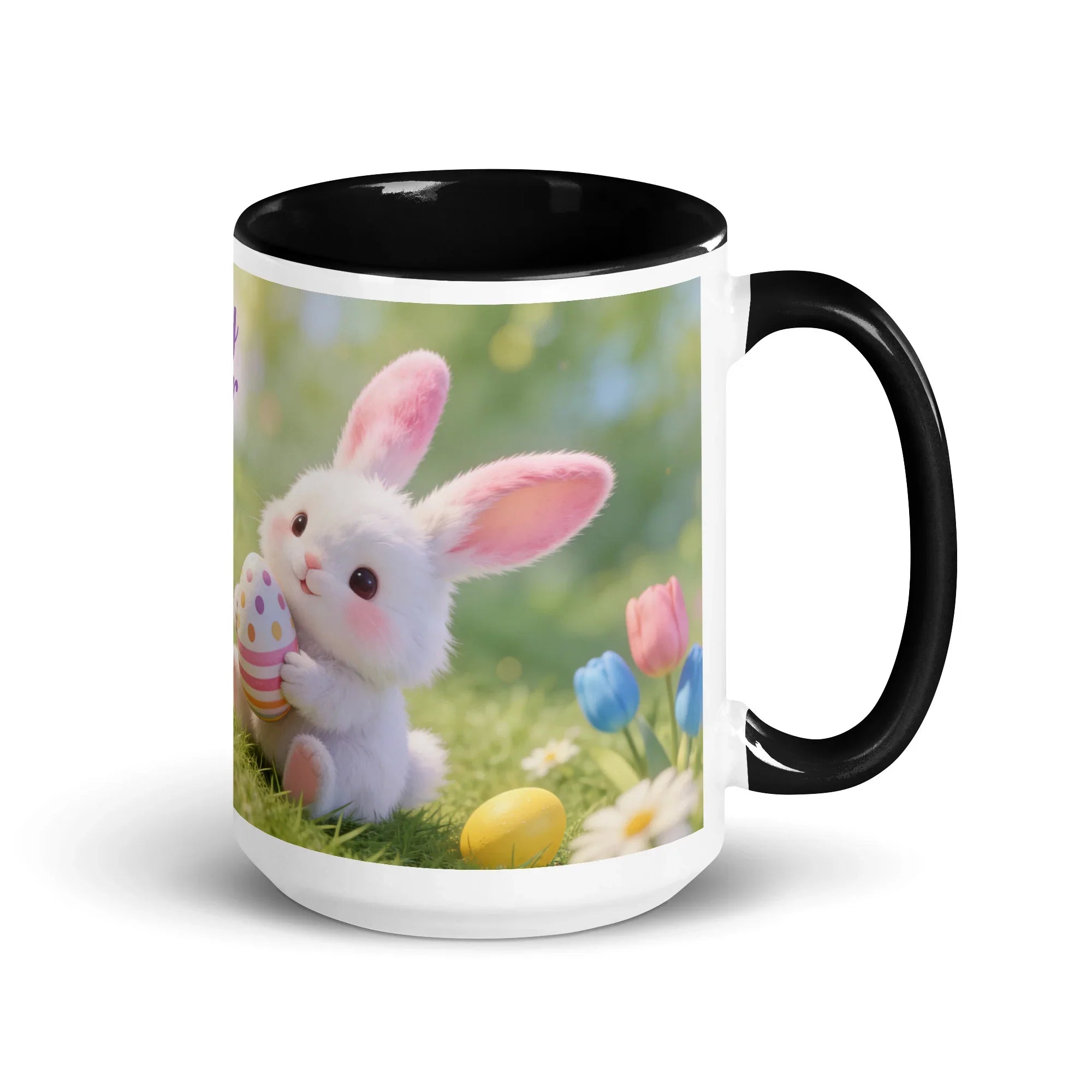 White ceramic mug with black handle, featuring a cute bunny, Easter eggs, and spring flowers.