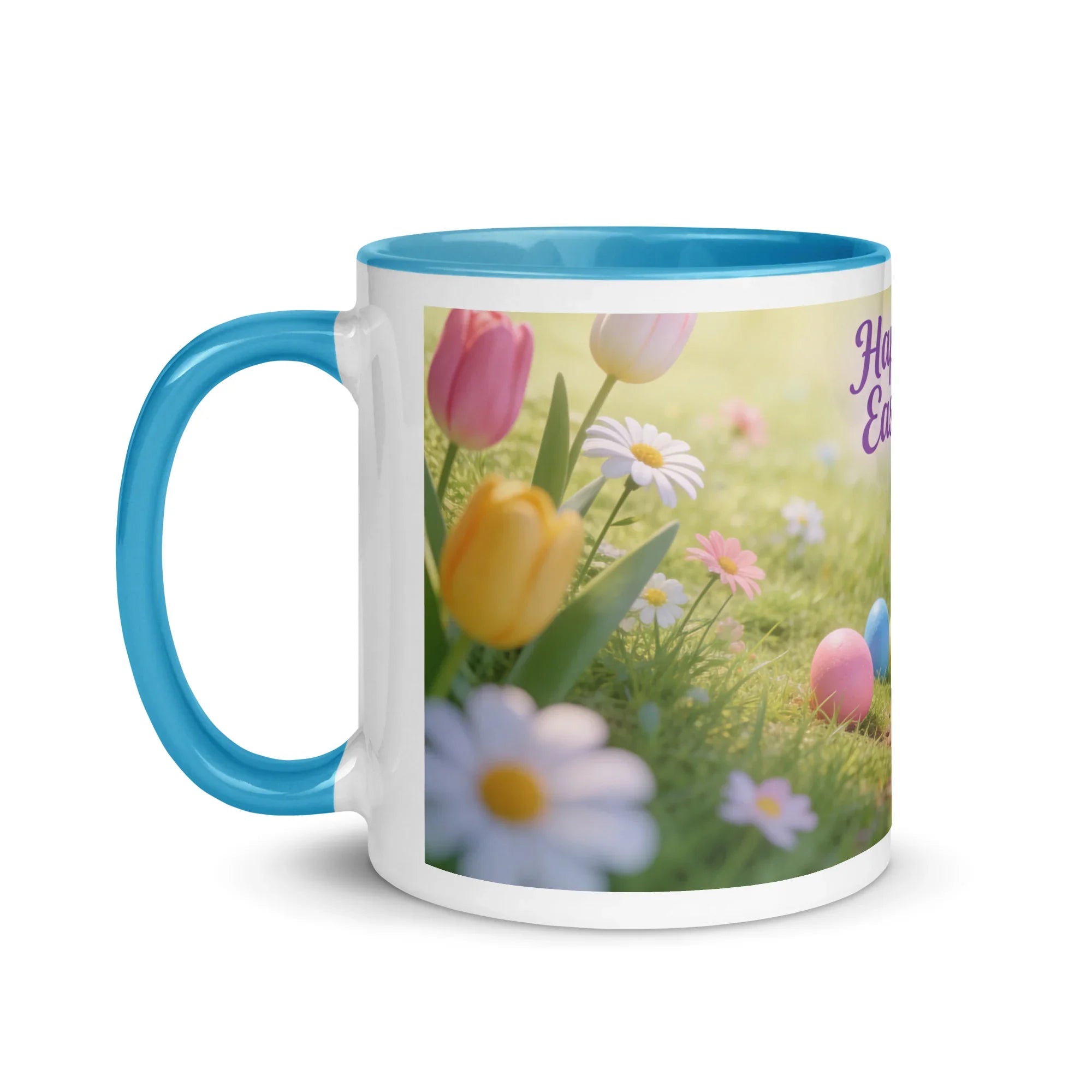 White ceramic mug with blue handle and interior, featuring spring flowers and Easter eggs design