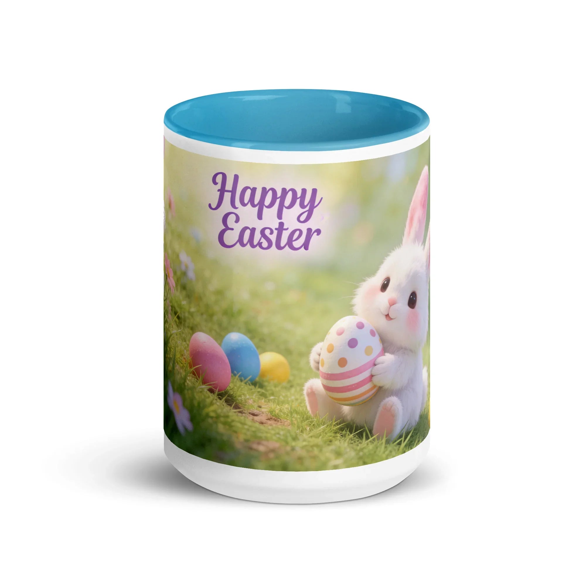 White ceramic mug with blue interior, featuring a cute Easter bunny, eggs, and 'Happy Easter' text