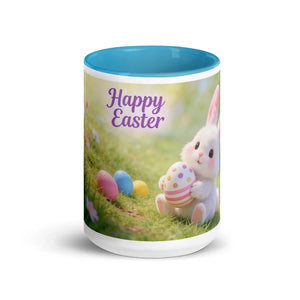 White ceramic mug with blue interior, featuring a cute Easter bunny, eggs, and 'Happy Easter' text