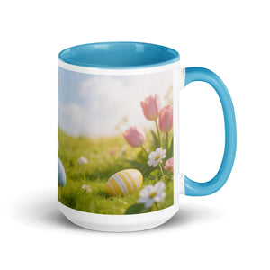 White ceramic mug with blue interior and handle, featuring an Easter spring floral and egg design