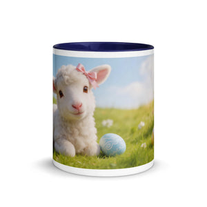 White ceramic mug with dark blue interior, featuring a cute lamb with a pink bow and decorative Easter egg on grass