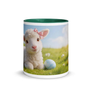 White ceramic mug with green interior featuring a cute lamb, bow, and Easter egg illustration