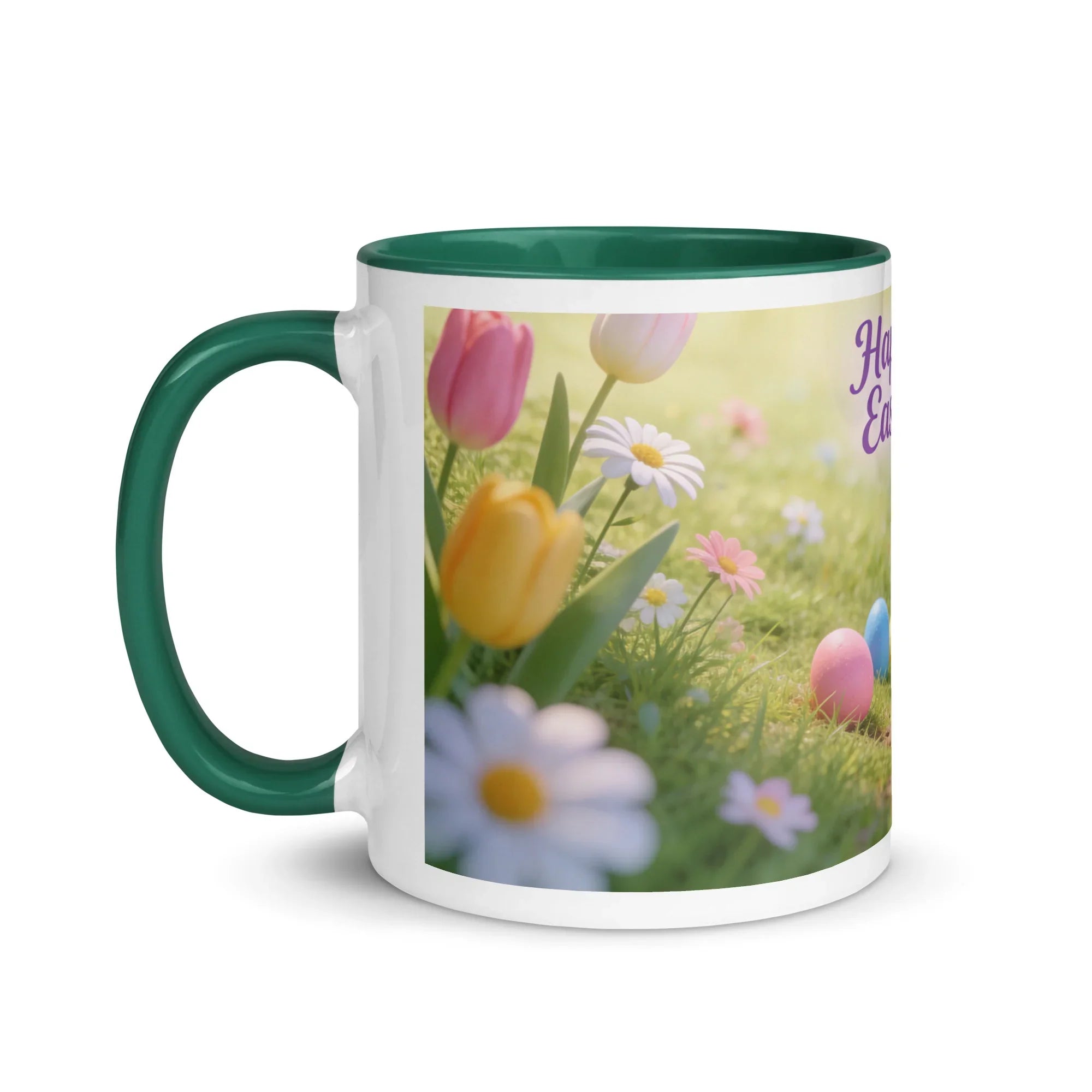 White ceramic mug with dark green handle and interior, featuring spring flowers and Easter eggs.