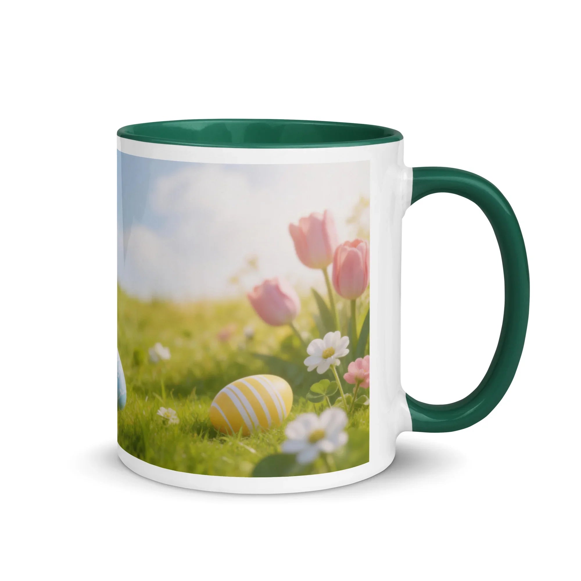 White ceramic mug with dark green handle, Easter egg and flowers design, 11 oz
