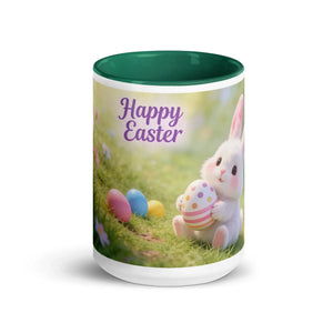 White ceramic mug with dark green interior, Easter bunny and eggs, Happy Easter text.