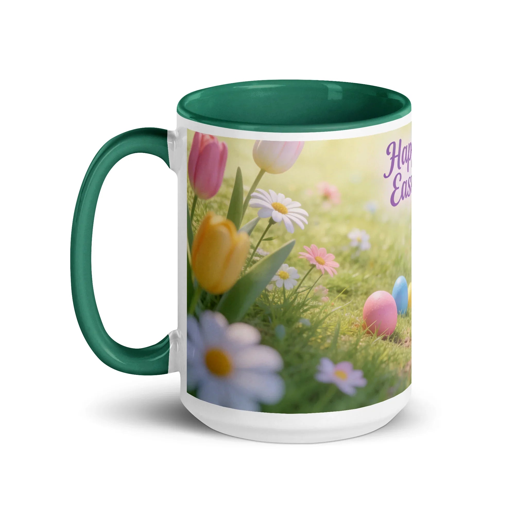White ceramic mug with dark green handle and interior, floral print, Easter eggs on grass