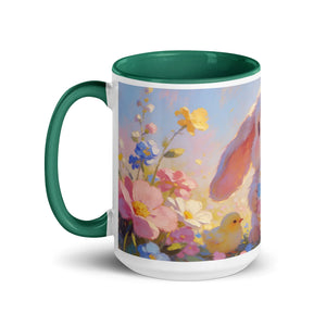 White ceramic mug with dark green handle and interior, pastel floral and bunny design, 15 oz