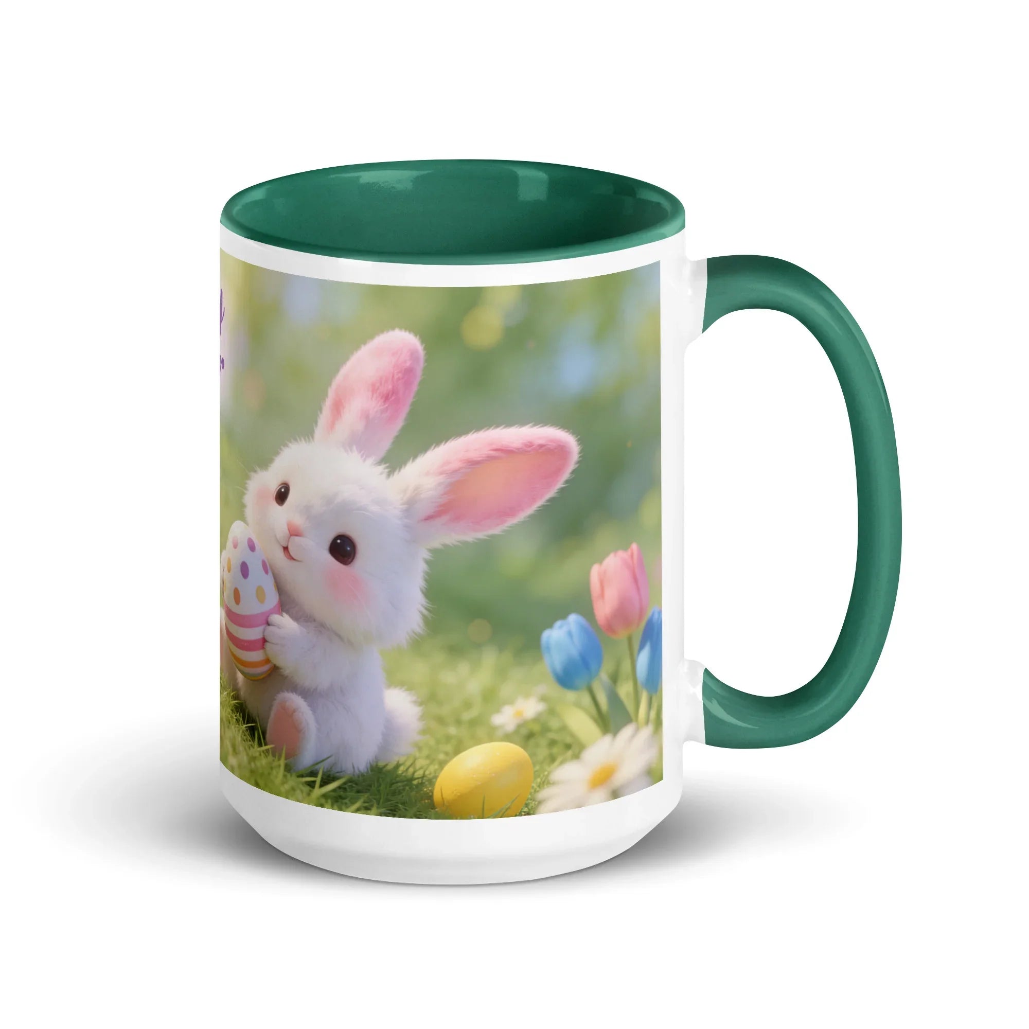 White ceramic mug with green interior and handle, featuring a cute bunny with Easter eggs and spring flowers