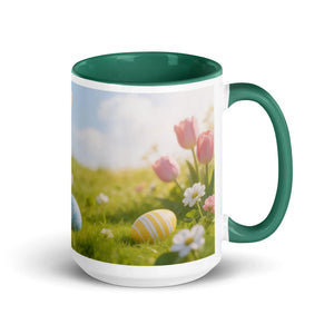 White ceramic mug with dark green interior and handle, featuring spring floral and Easter egg design