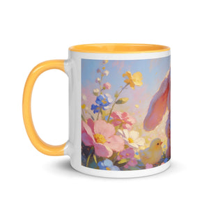 White ceramic mug with golden yellow interior, floral art and bunny illustration