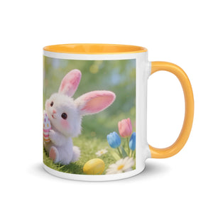 White ceramic mug with golden yellow interior, Easter bunny, eggs, and flowers design