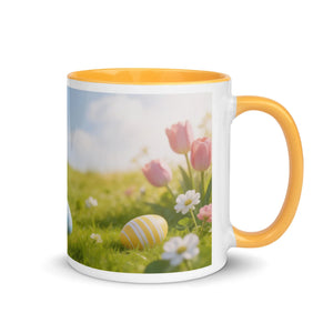 White ceramic mug with yellow interior and handle, featuring spring flowers and Easter eggs design