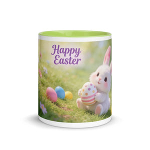 White ceramic mug with green interior featuring a cute Easter bunny, eggs, and 'Happy Easter' text