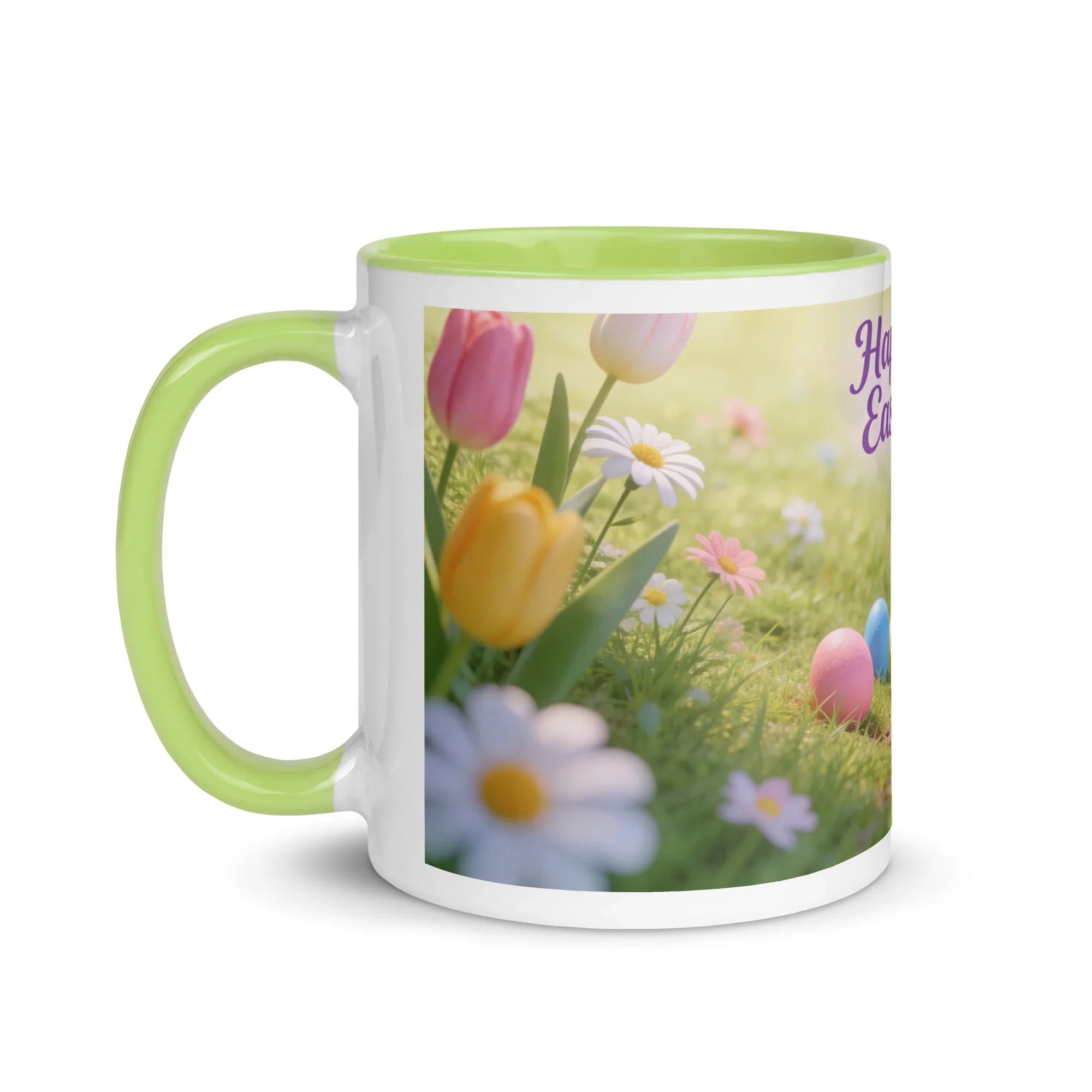 White ceramic mug with green handle and interior, featuring tulips, daisies, and Easter eggs.