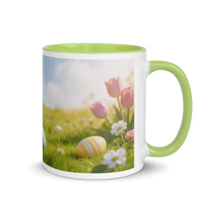 White ceramic mug with green handle and interior, featuring spring flowers and Easter eggs design
