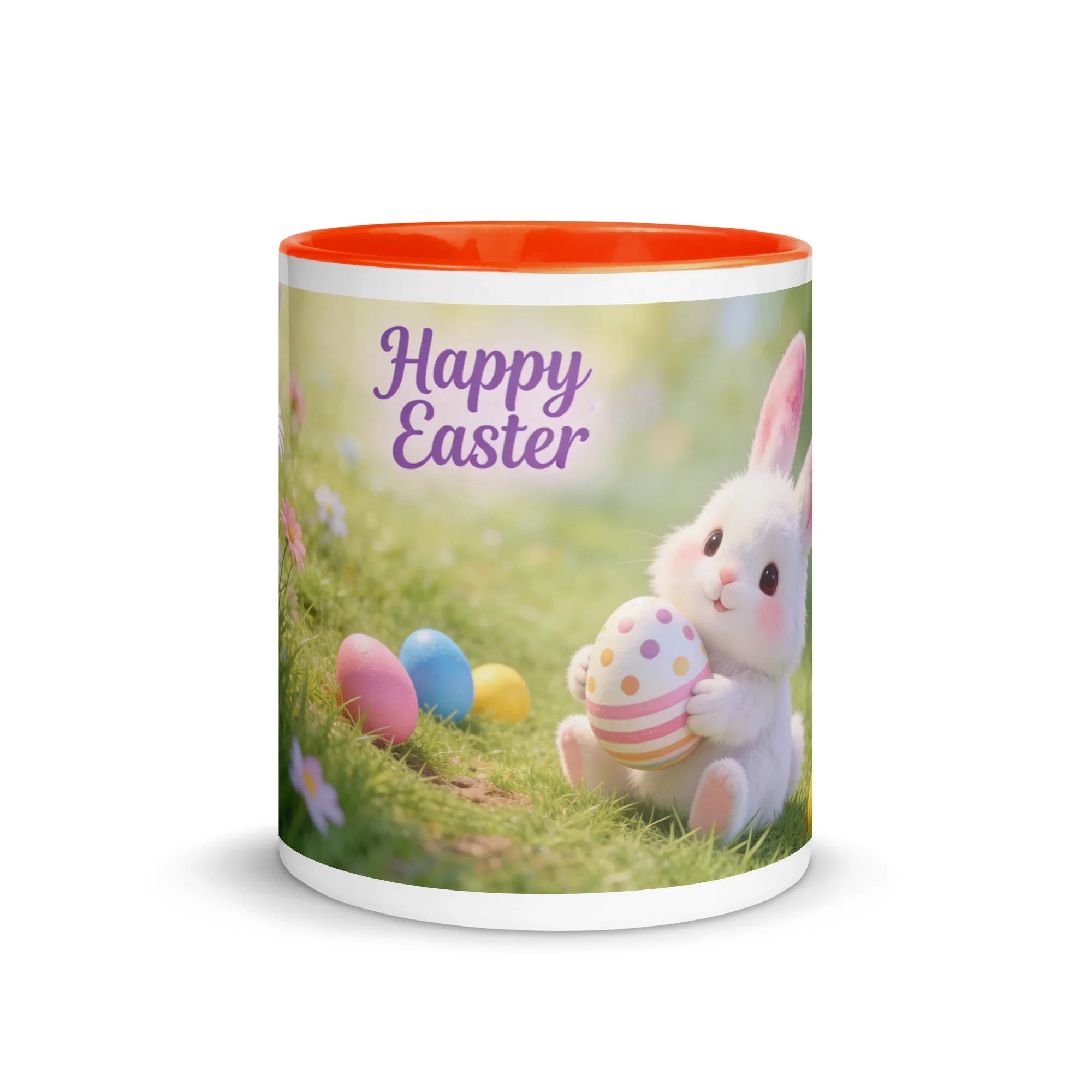 White ceramic mug with orange interior, featuring a cute Easter bunny holding a decorated egg and 'Happy Easter' text