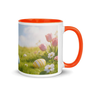 White ceramic mug with orange handle and interior, featuring spring flowers and Easter egg design