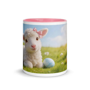 White ceramic mug with pink interior featuring a cute lamb with a bow and pastel Easter egg design