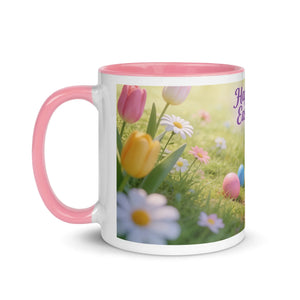White ceramic mug with pink interior and handle, floral and Easter egg design on side