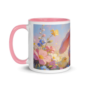 White ceramic mug with pink handle and interior, featuring a floral design and spring chick illustration
