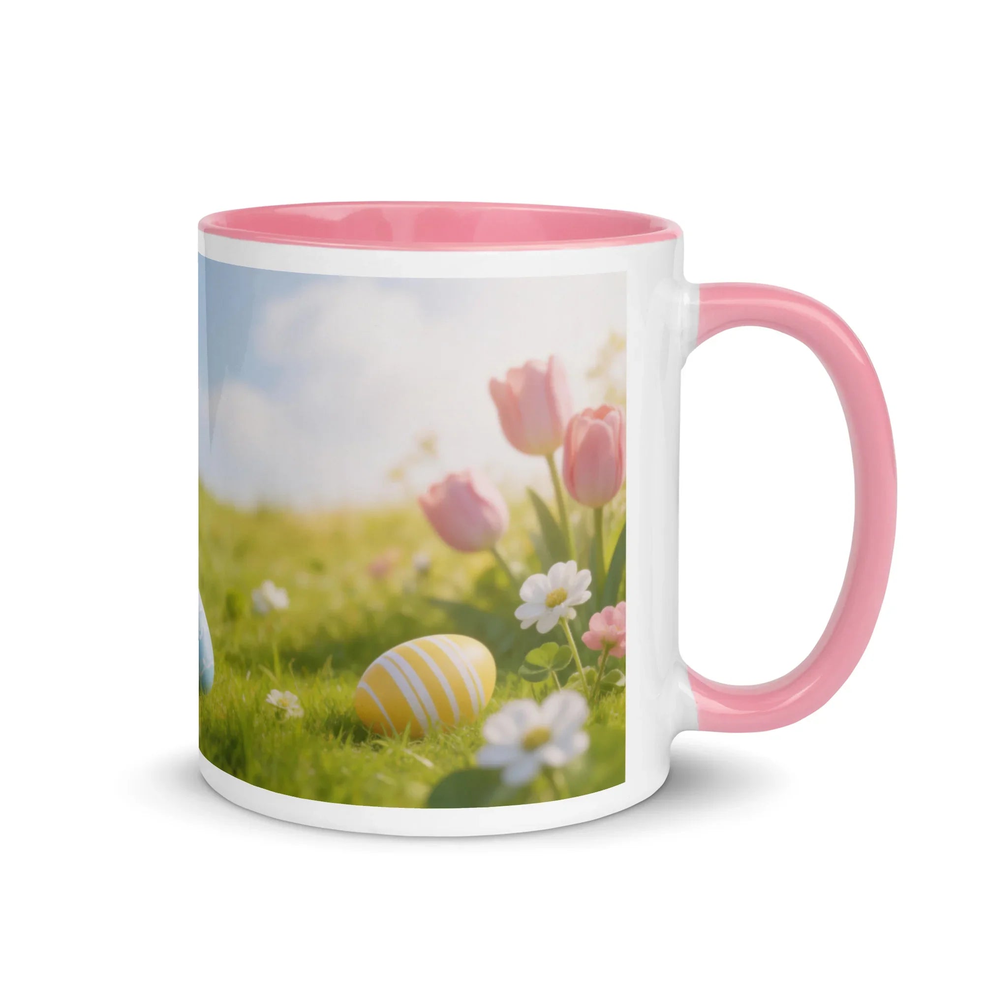 White ceramic mug with pink handle and interior, featuring Easter eggs and spring flowers design