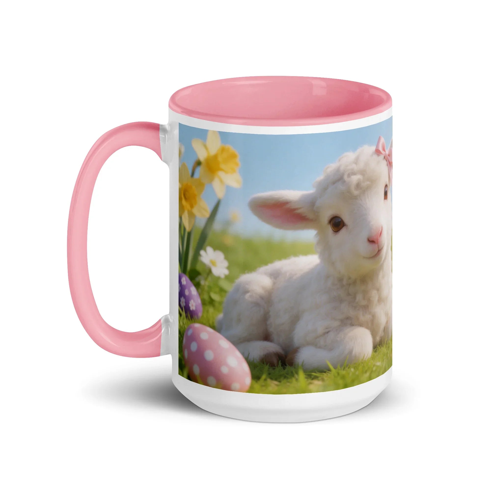 White ceramic mug with pink handle and interior, featuring a cute lamb, Easter eggs, and spring flowers