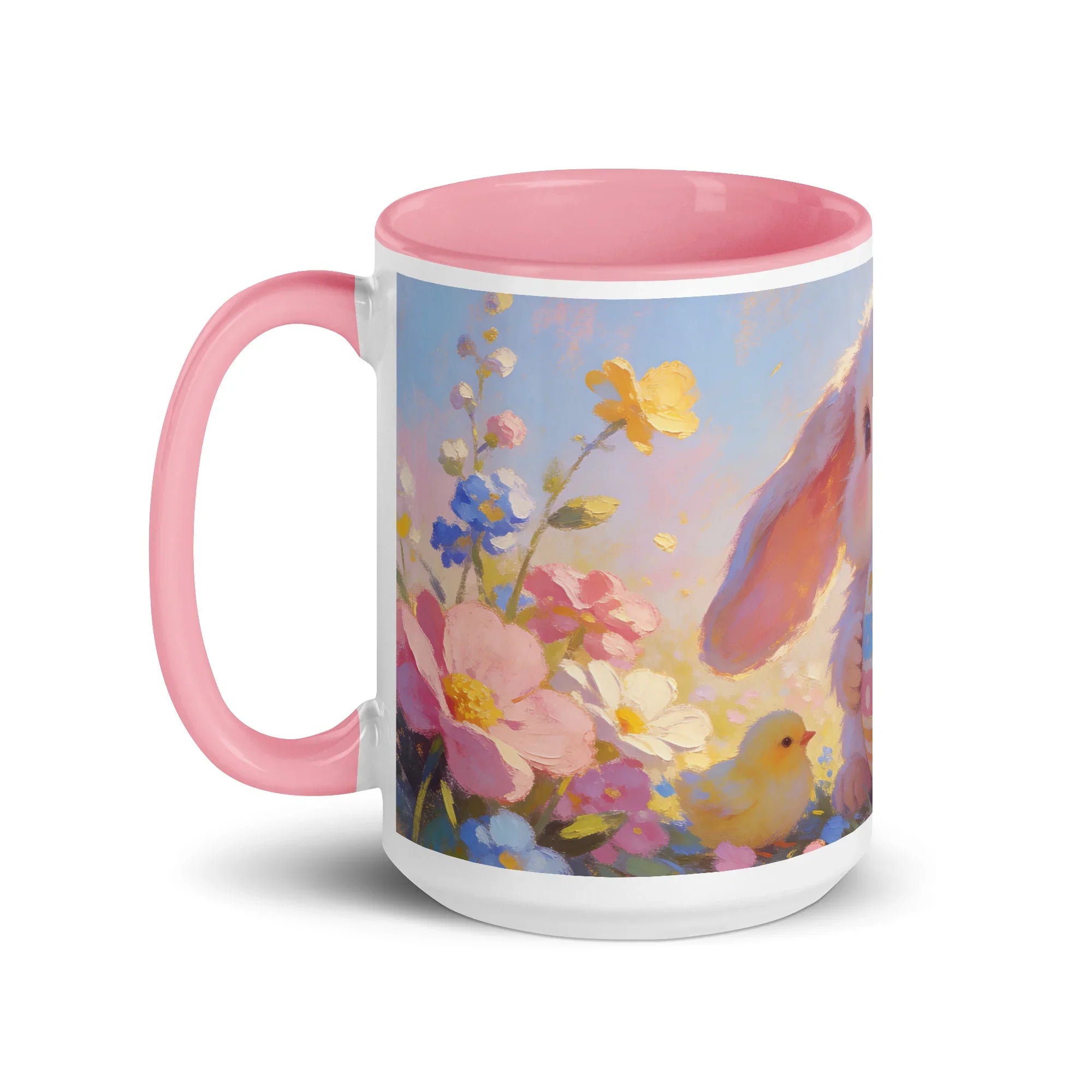 White ceramic mug with pink handle, floral bunny and chick design, pink interior, 15 oz