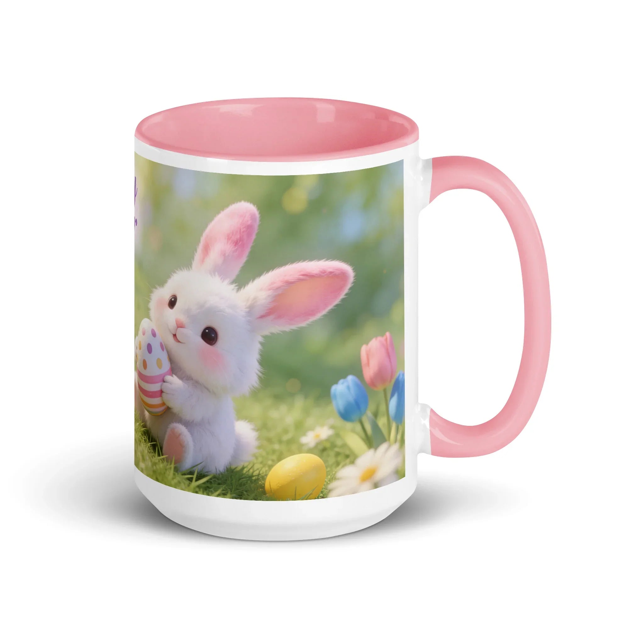 White ceramic mug with pink handle, featuring a cute bunny holding an Easter egg among flowers.