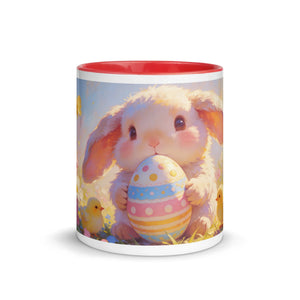 White ceramic mug with red interior featuring a cute bunny holding a decorated Easter egg