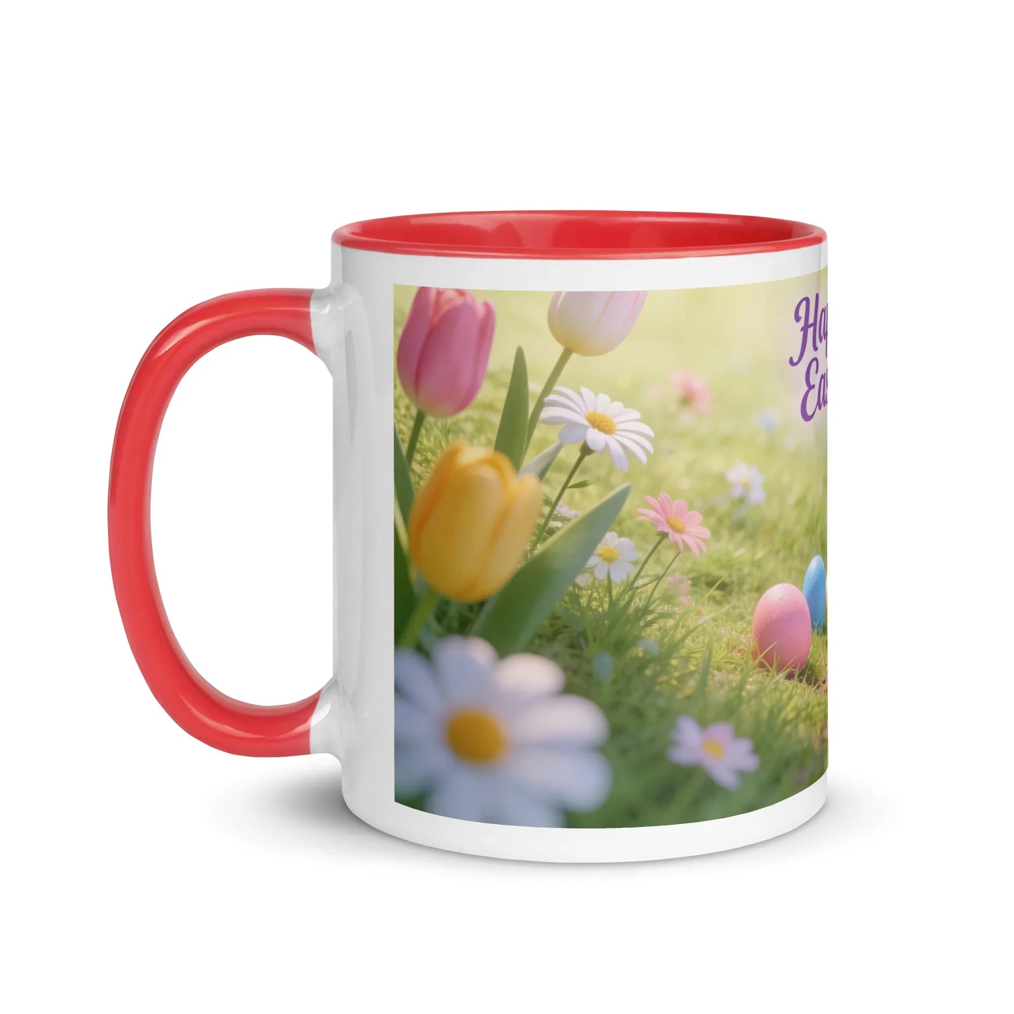White ceramic mug with red handle and interior, featuring spring flowers and Easter eggs design.