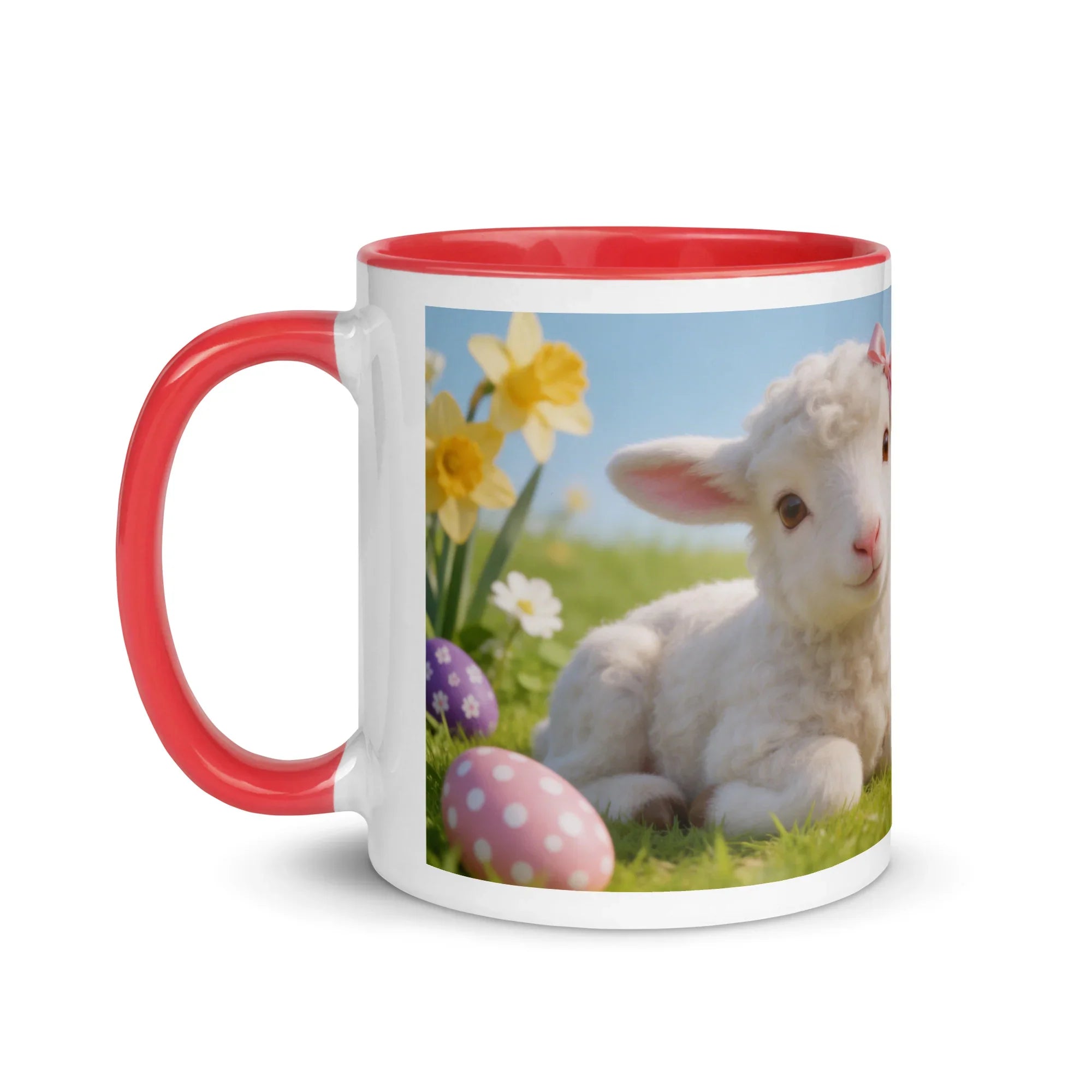White ceramic mug with red handle and interior, featuring a lamb, Easter eggs, and spring flowers