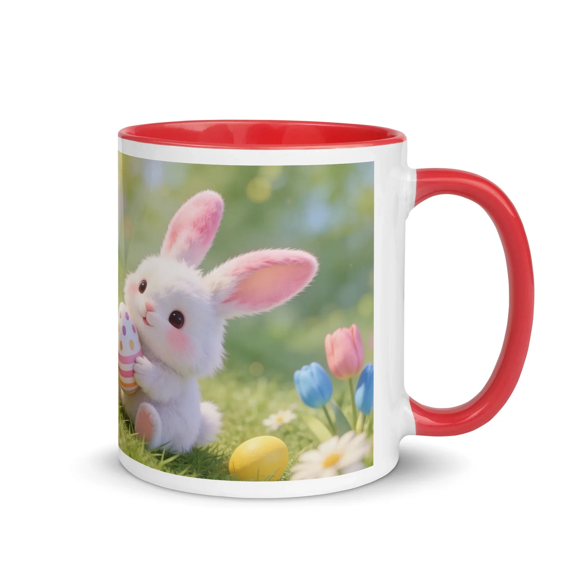 White ceramic mug with red handle and interior, featuring a cute bunny holding a decorated egg, surrounded by spring flowers and Easter eggs.