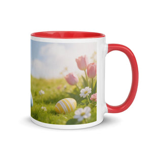 White ceramic mug with red handle and interior, featuring spring flowers and Easter eggs print