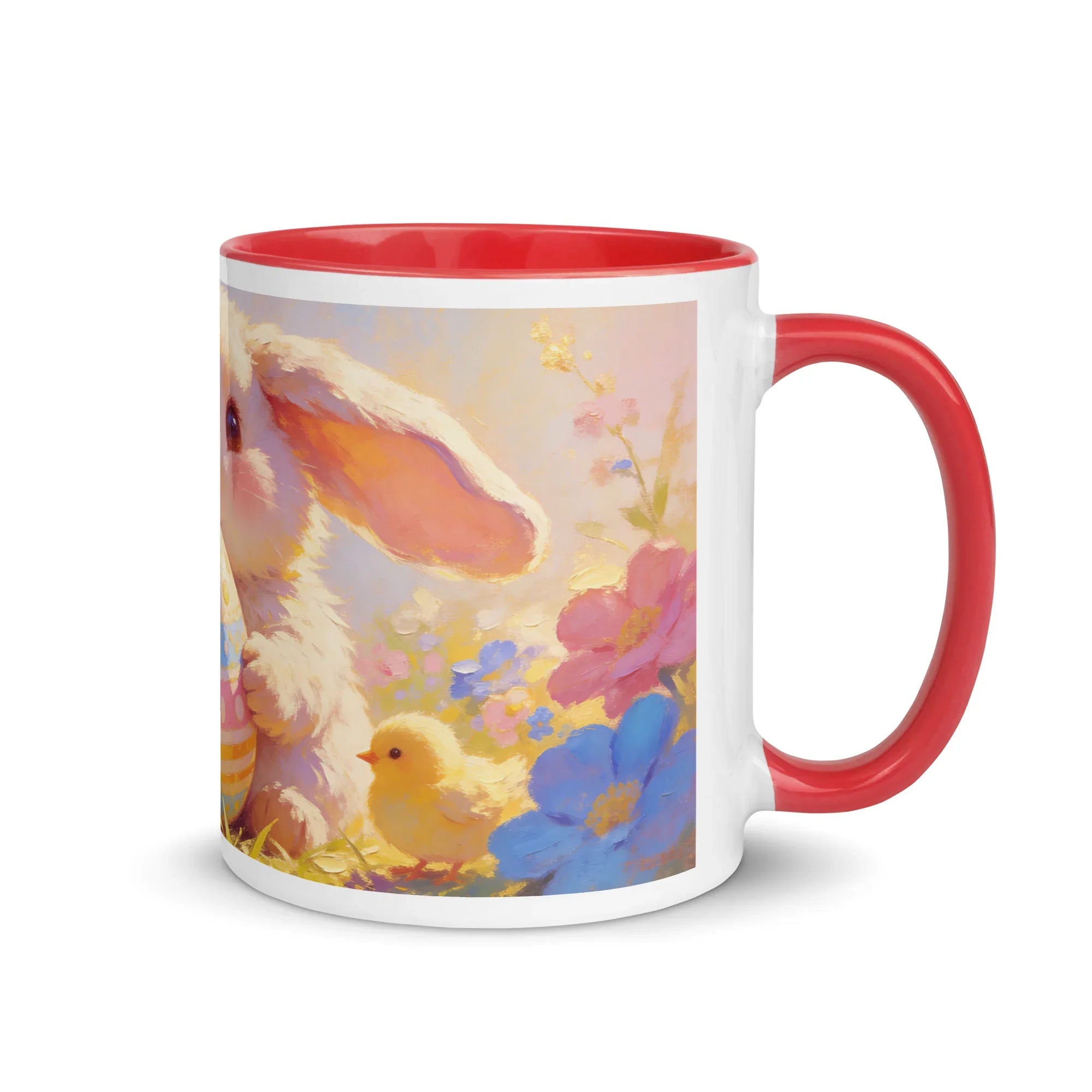 White ceramic mug with red handle, featuring a cute bunny, chick, and colorful flowers