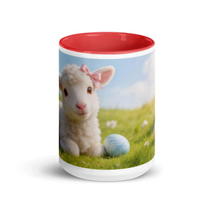 White ceramic mug with red interior featuring a cute lamb and Easter egg graphic on grass
