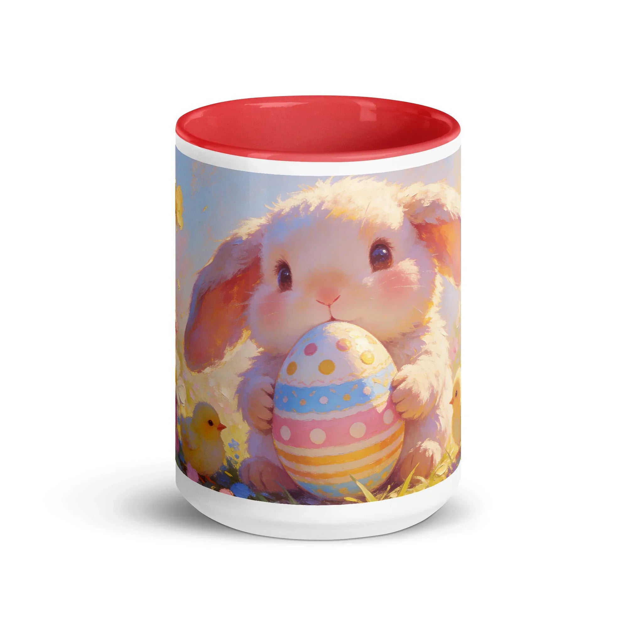 White ceramic mug with red interior featuring a cute bunny holding a decorated Easter egg