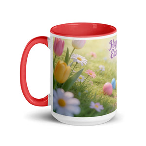 White ceramic mug with red handle and interior, featuring spring flowers and Easter eggs design.