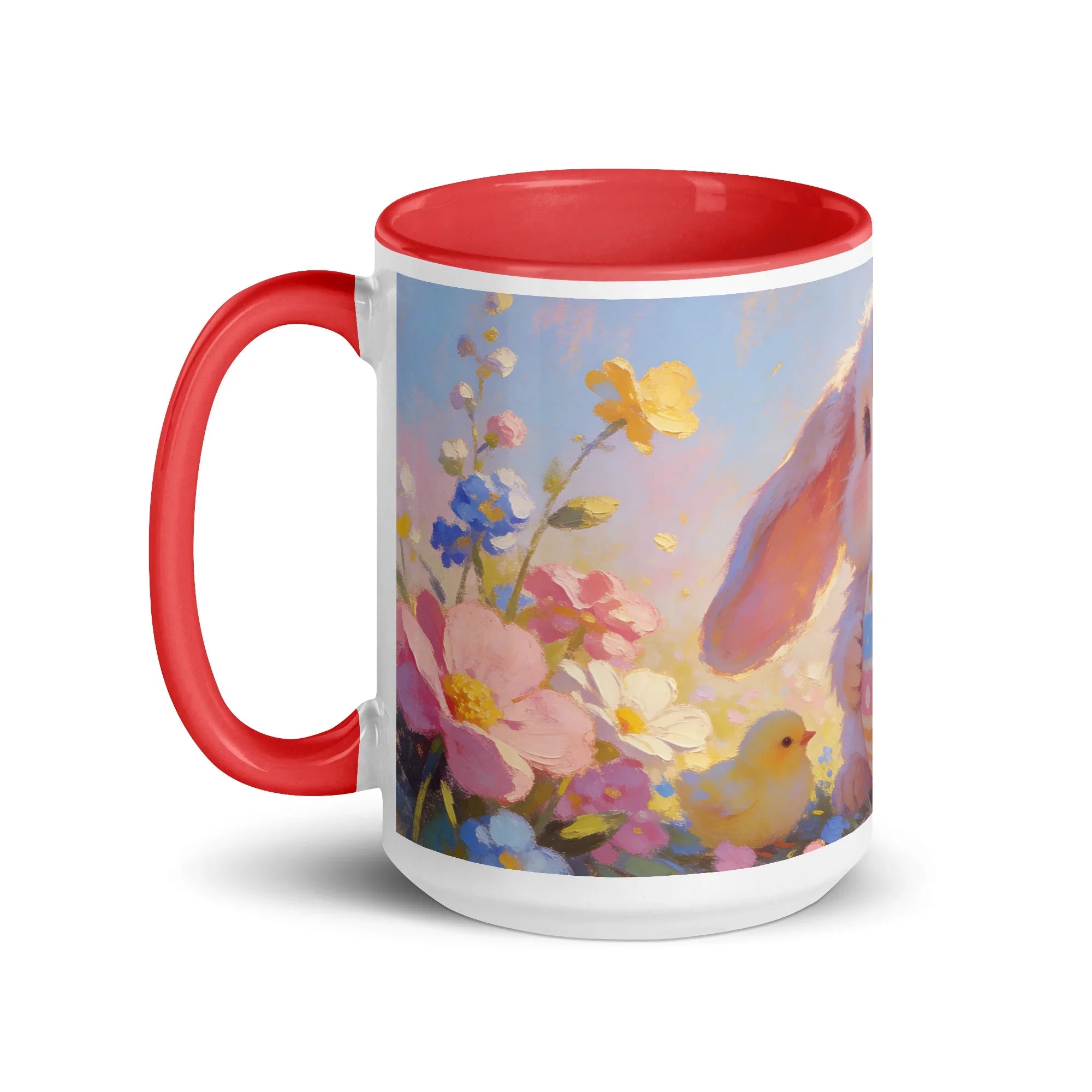 White and red ceramic mug with floral and bunny illustration, spring design, 15 oz