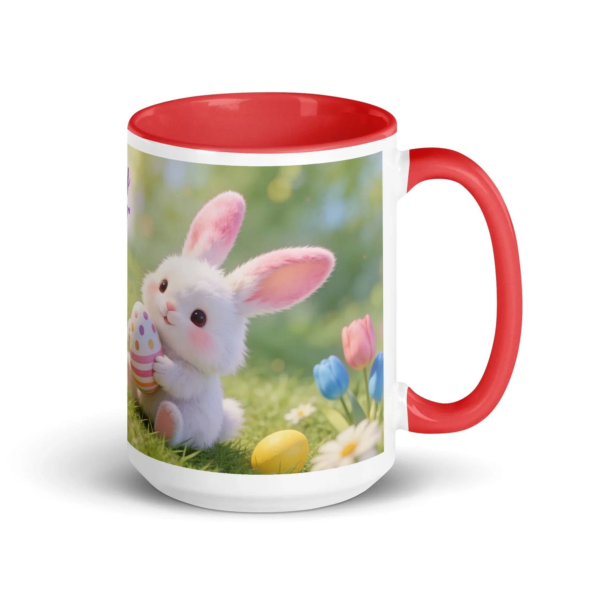 White ceramic mug with red interior, featuring a cute bunny holding a decorated Easter egg, spring flowers in background.