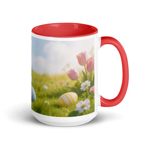 White ceramic mug with red handle, featuring a spring floral and Easter egg design