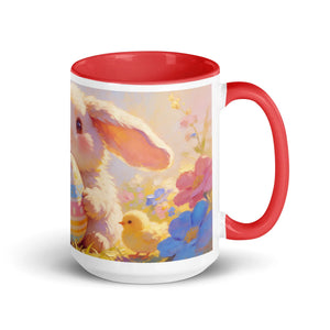 White ceramic mug with red interior featuring a cute bunny, chick, and colorful flowers illustration