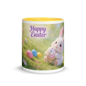 White ceramic mug with yellow interior featuring a cute Easter bunny, eggs, and 'Happy Easter' text.