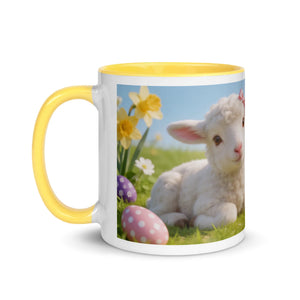 White ceramic mug with yellow handle and interior, featuring a spring lamb, flowers, and Easter eggs design.