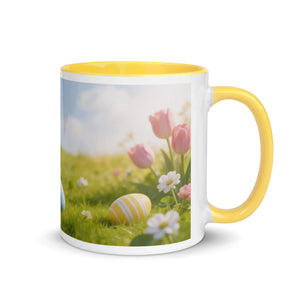 White ceramic mug with yellow interior and handle, featuring spring flowers and Easter eggs design.