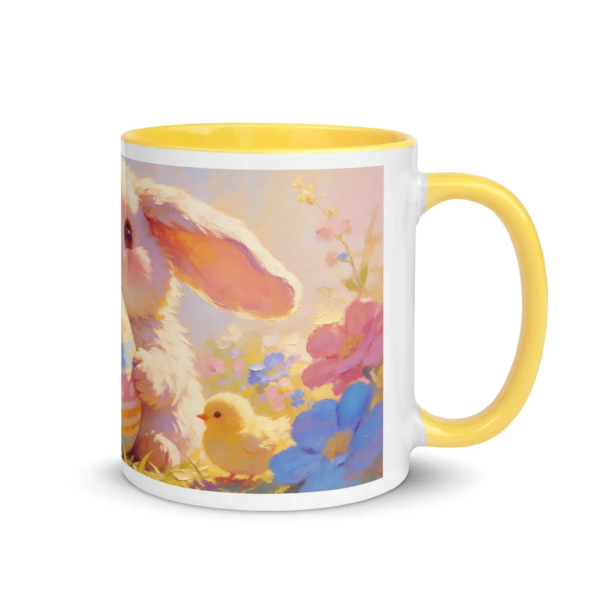 White ceramic mug with yellow handle, bunny, chick, and spring flowers illustration