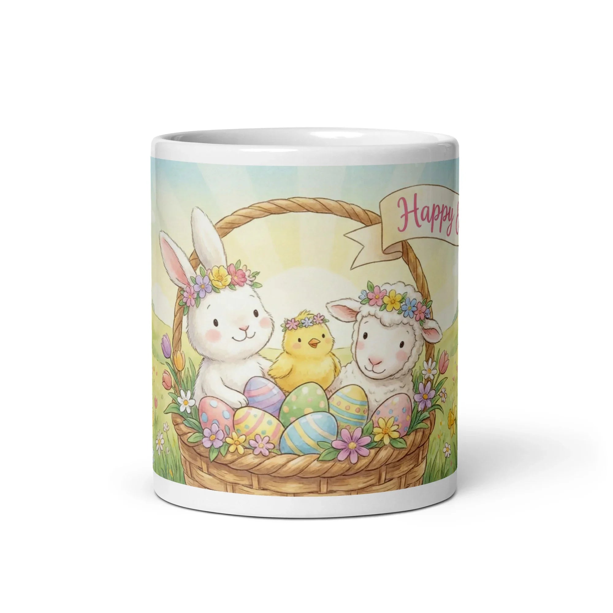 White glossy mug with Easter design featuring a bunny, chick, lamb, and colorful eggs