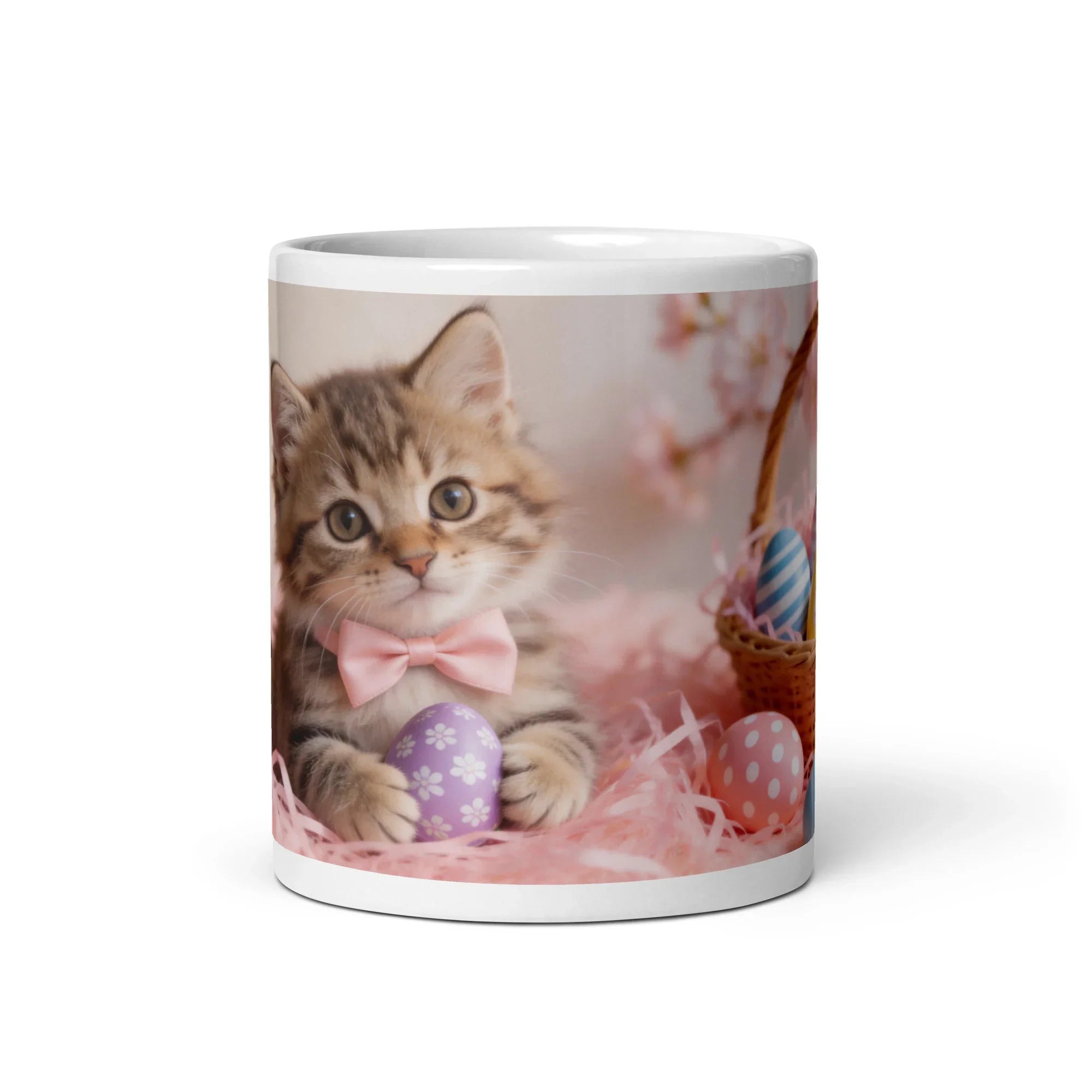White glossy ceramic mug with front view on white background, 11 oz size